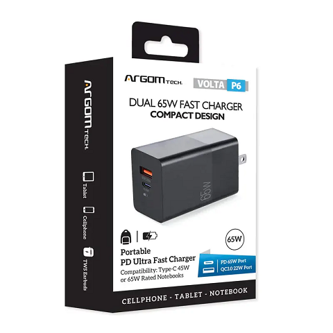 CARGADOR DE PARED USB TIPO C ARGOM 65W ARG-AC-0124BK  1214061