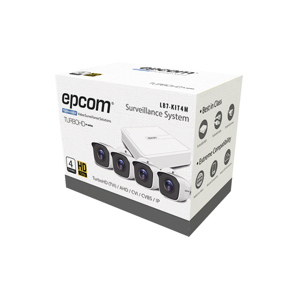 KIT COMPLETO DE 4 CÁMARAS BALA TURBOHD 720P / DVR 4 CANALES / P2P / 4 JUEGOS DE CABLE DE 18 MTS / LB7KIT4M
