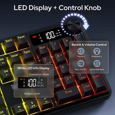 TECLADO GAMING INALAMBRICO RECARGABLE TRIMODE REDRAGON VOLCANO PRO K526 BLACK ESP